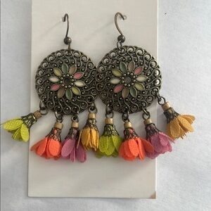 Floral Hobo Dangle Earrings with Multicolor‎ Accents NIP